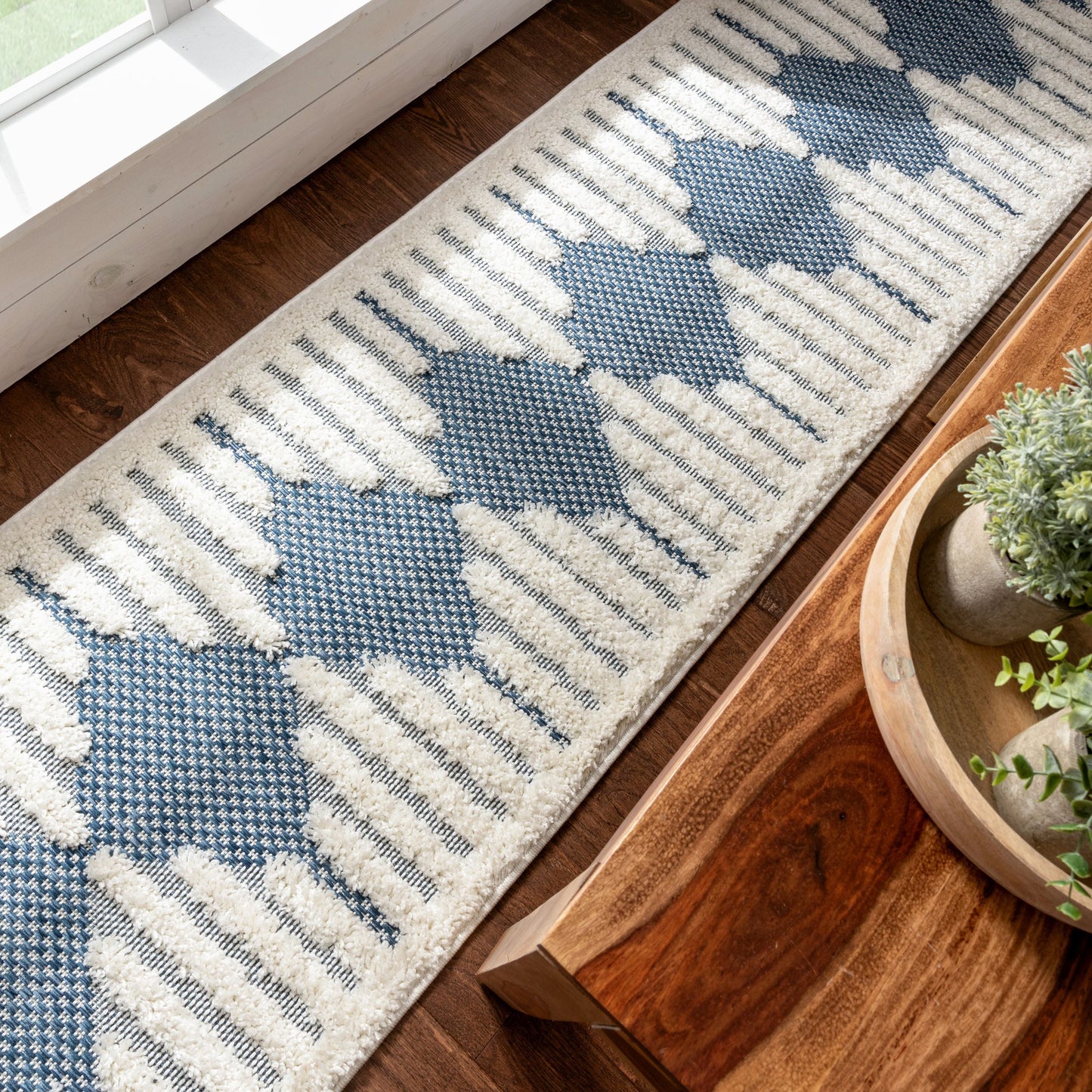 Luna Tribal Moroccan Diamond Pattern Blue High-Low Flat-Weave Rug BG-54-