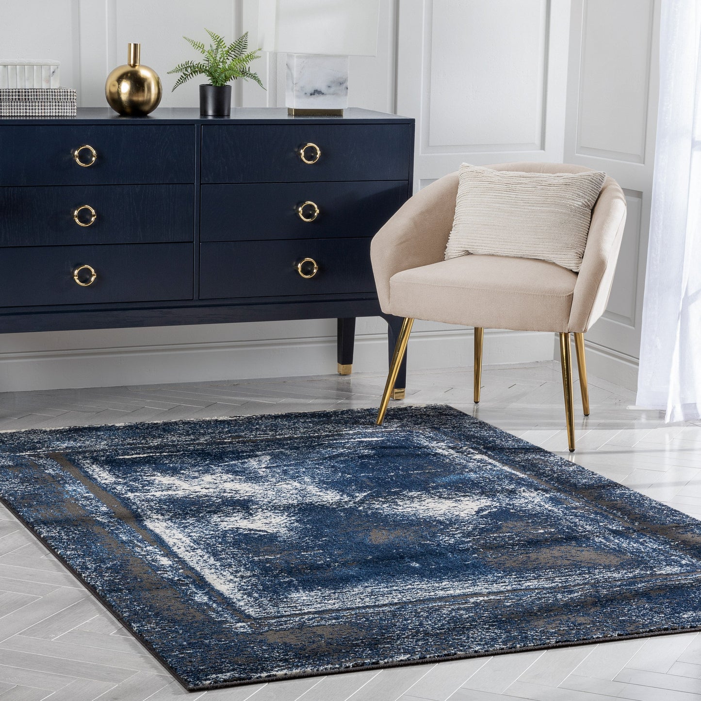 Zaynab Vintage Abstract Border Navy Blue Glam Rug CAI-104