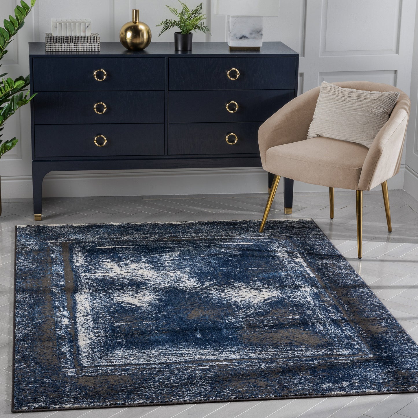 Zaynab Vintage Abstract Border Navy Blue Glam Rug CAI-104