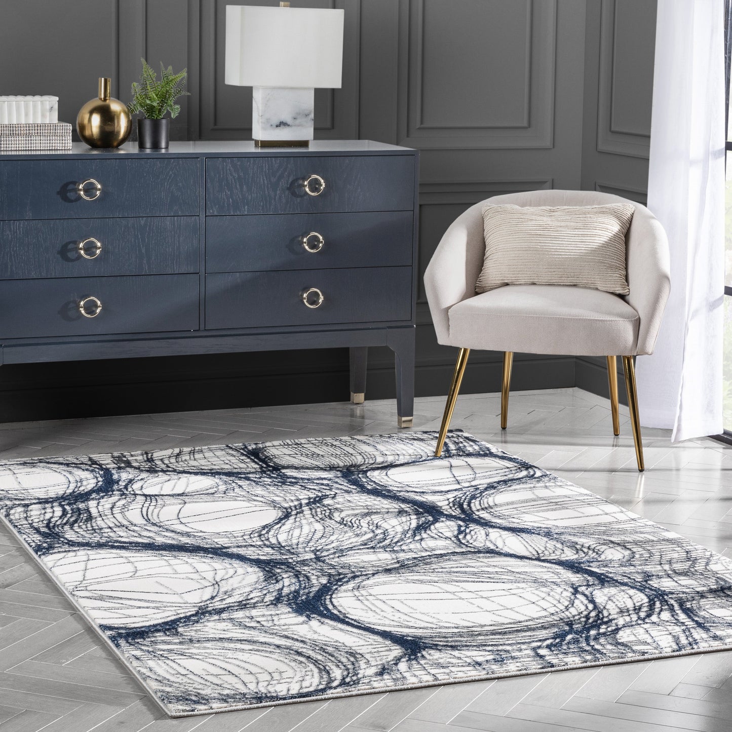 Sinead Vintage Modern Abstract Blue Glam Rug CAI-114