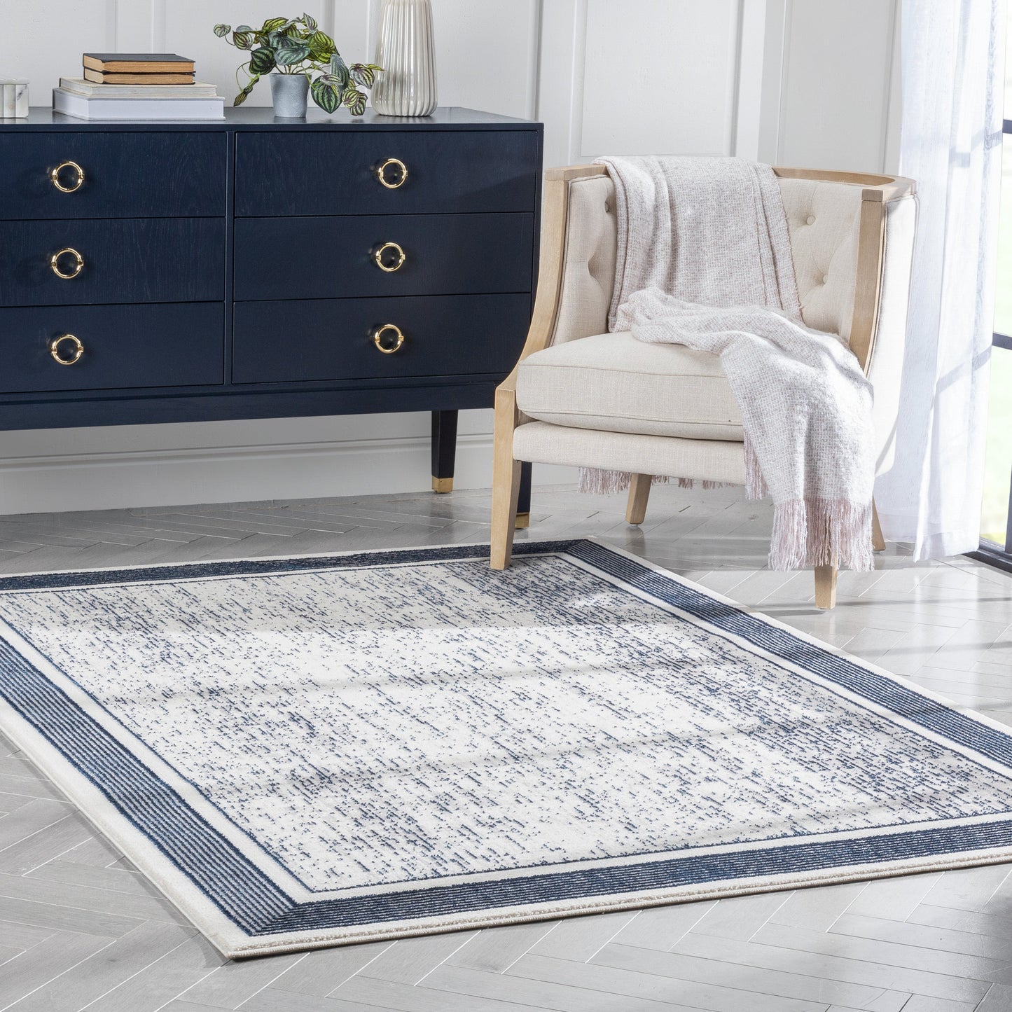Filippa Vintage Border Pattern Blue Glam Rug CAI-24