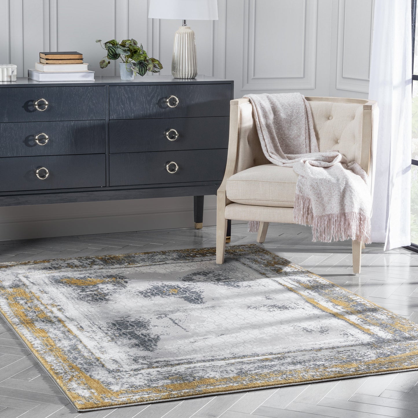 Isolde Vintage Abstract Border Yellow Glam Rug CAI-61