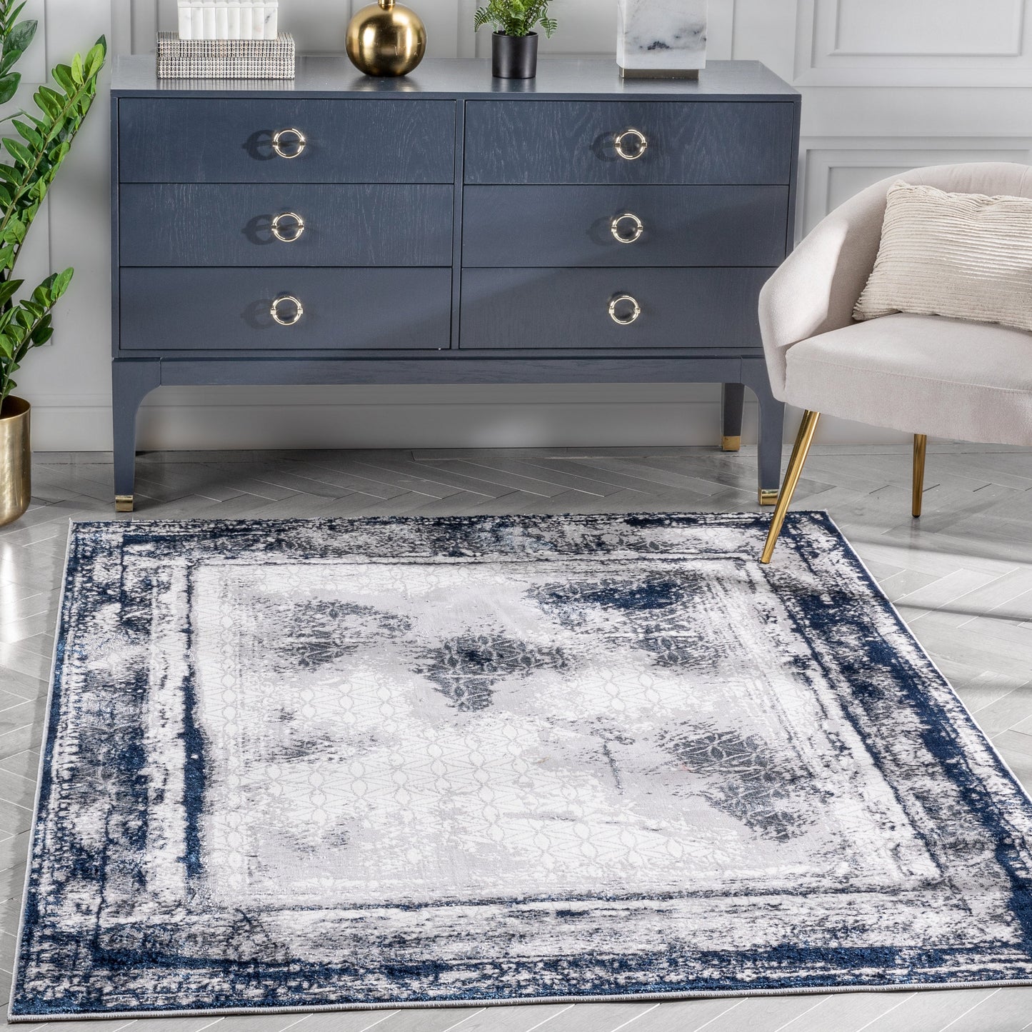 Isolde Vintage Abstract Border Blue Glam Rug CAI-64