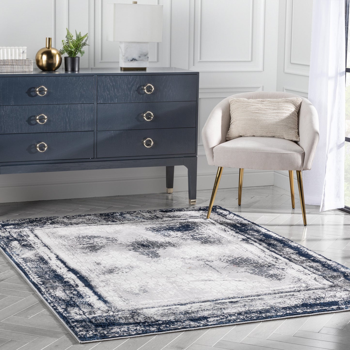 Isolde Vintage Abstract Border Blue Glam Rug CAI-64