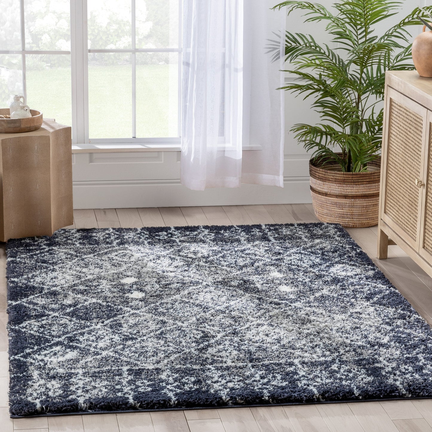 Braga Tribal Geometric Pattern Blue Thick & Soft Shag Rug CE-34