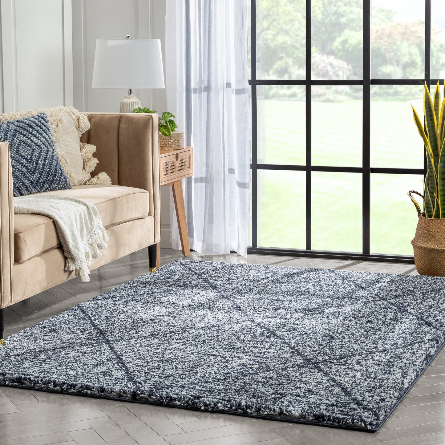 Aviero Moroccan Lattice Trellis Blue Thick & Soft Shag Rug CE-44