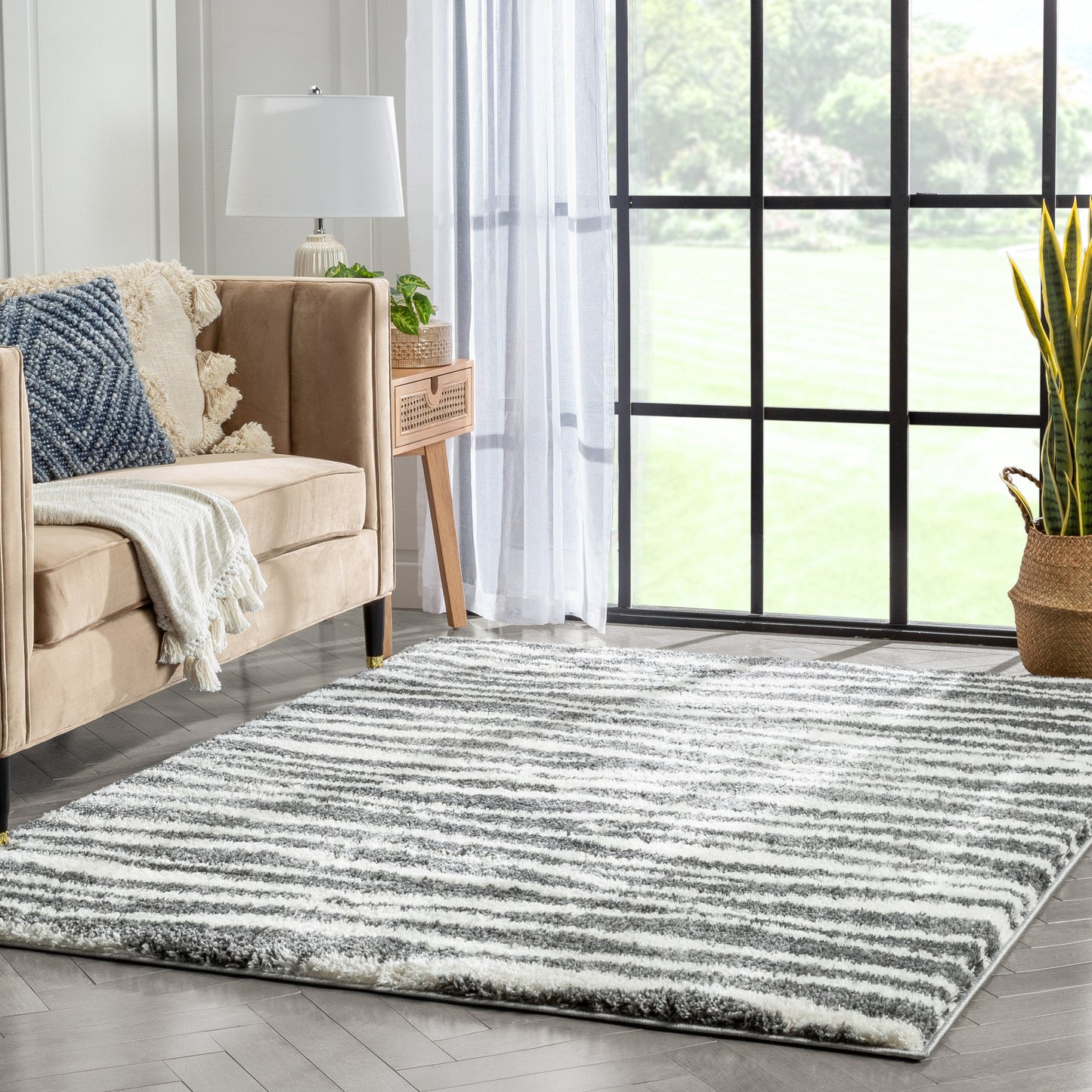 Faro Modern Coastal Waves Pattern Dark Grey Thick & Soft Shag Rug CE-87