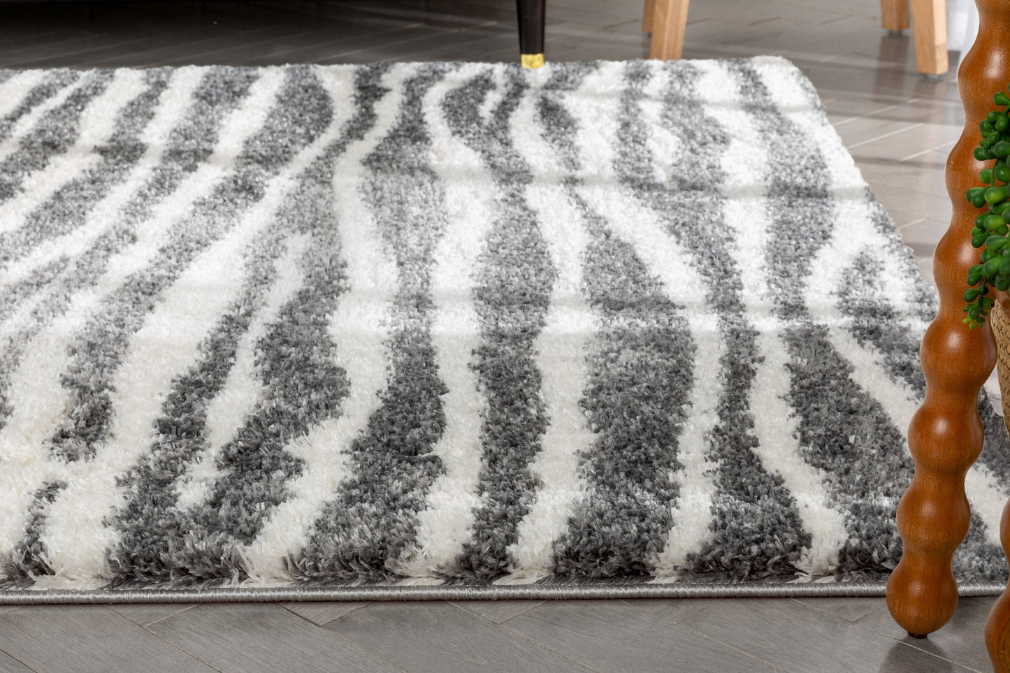 Faro Modern Coastal Waves Pattern Dark Grey Thick & Soft Shag Rug CE-87