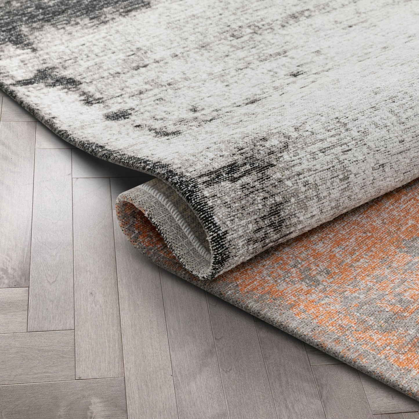Fanos Modern Distressed Abstract Brush Strokes Salmon Grey Kilim-Style Rug CHA-20