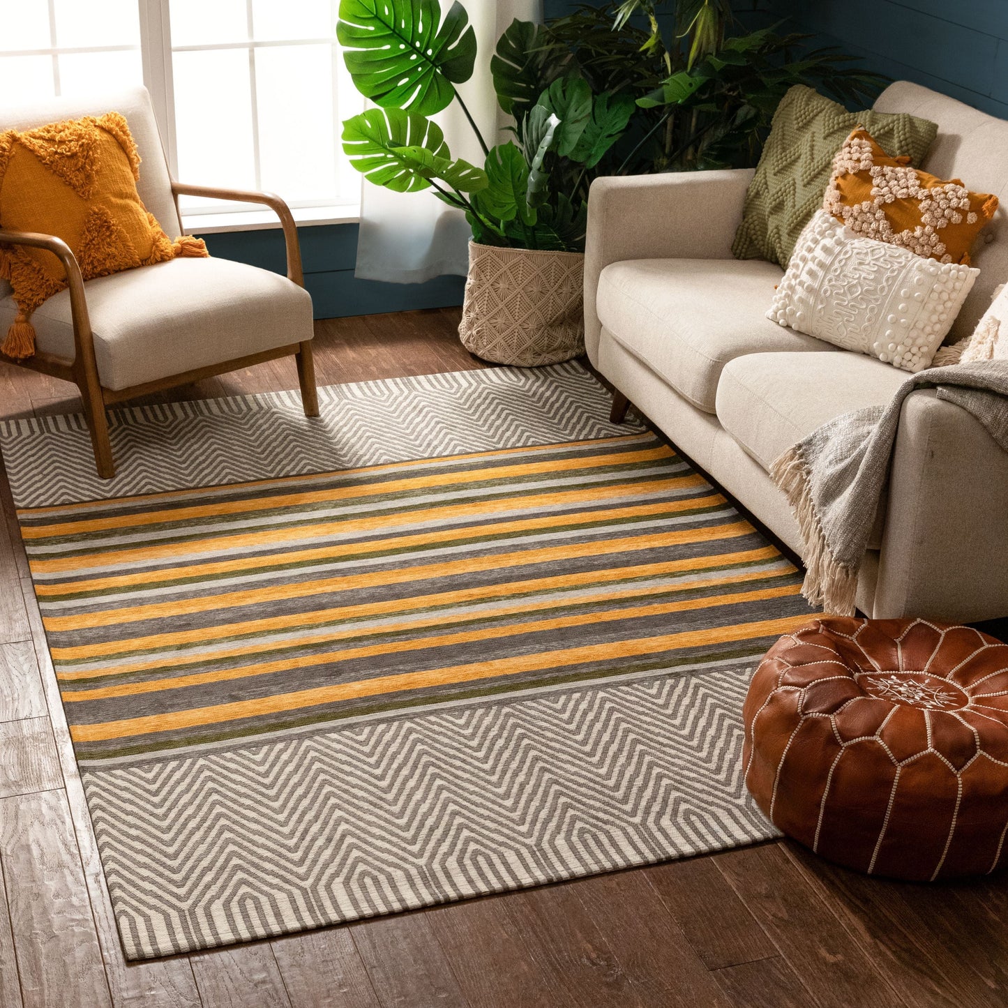 Chia Contemporary Solid & Striped Beige Gold Kilim-Style 5'3" x 7'3" Rug CHA-31