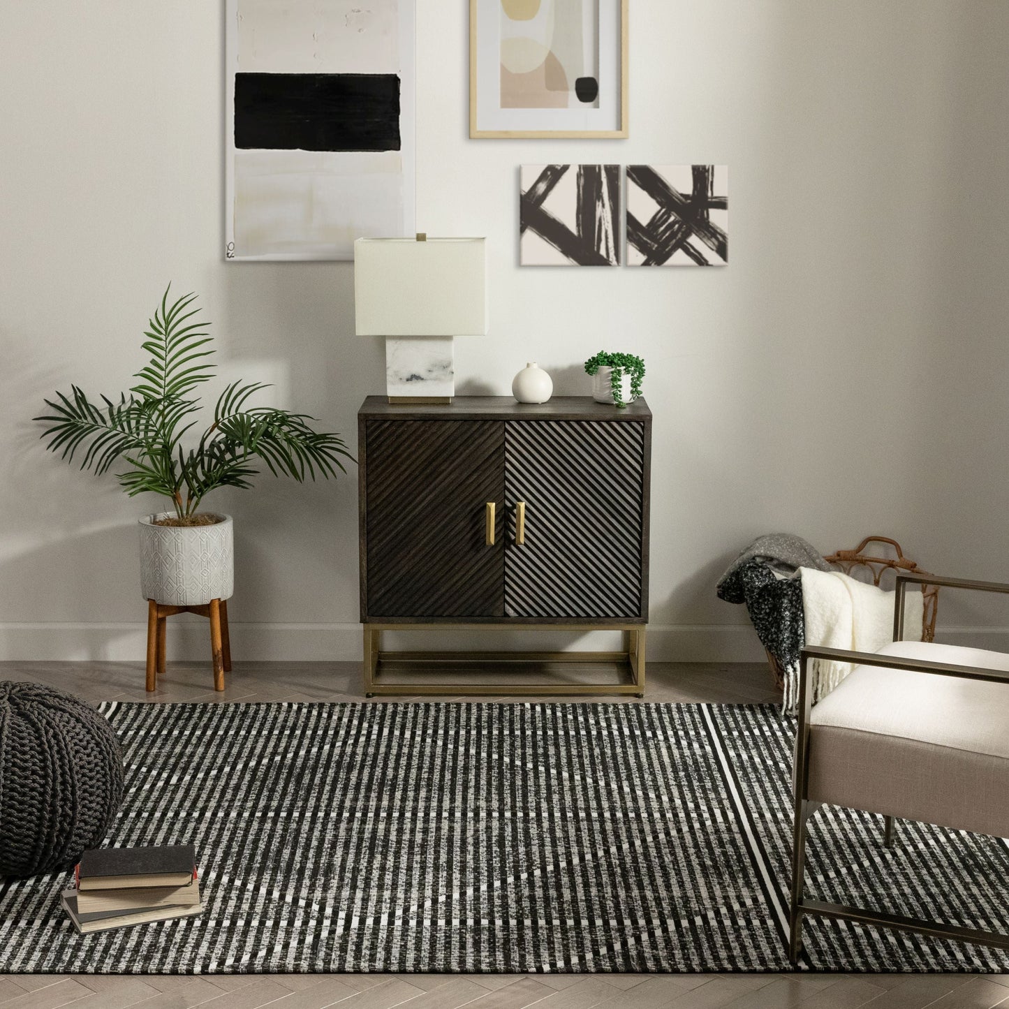 Jato Contemporary Distressed Geometric Pattern Grey Kilim-Style Rug CHA-77