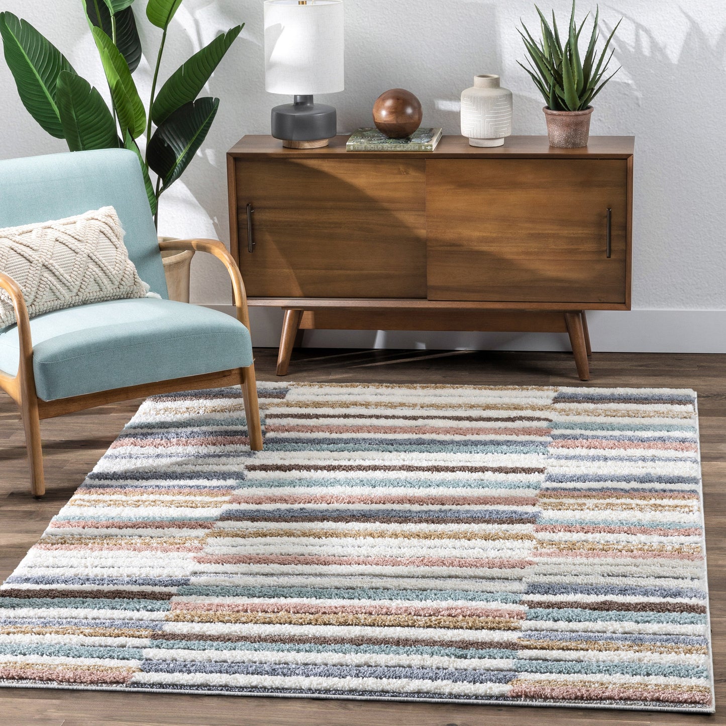 Proteus Modern Stripes Light Blue High-Low Shag Rug DEL-46