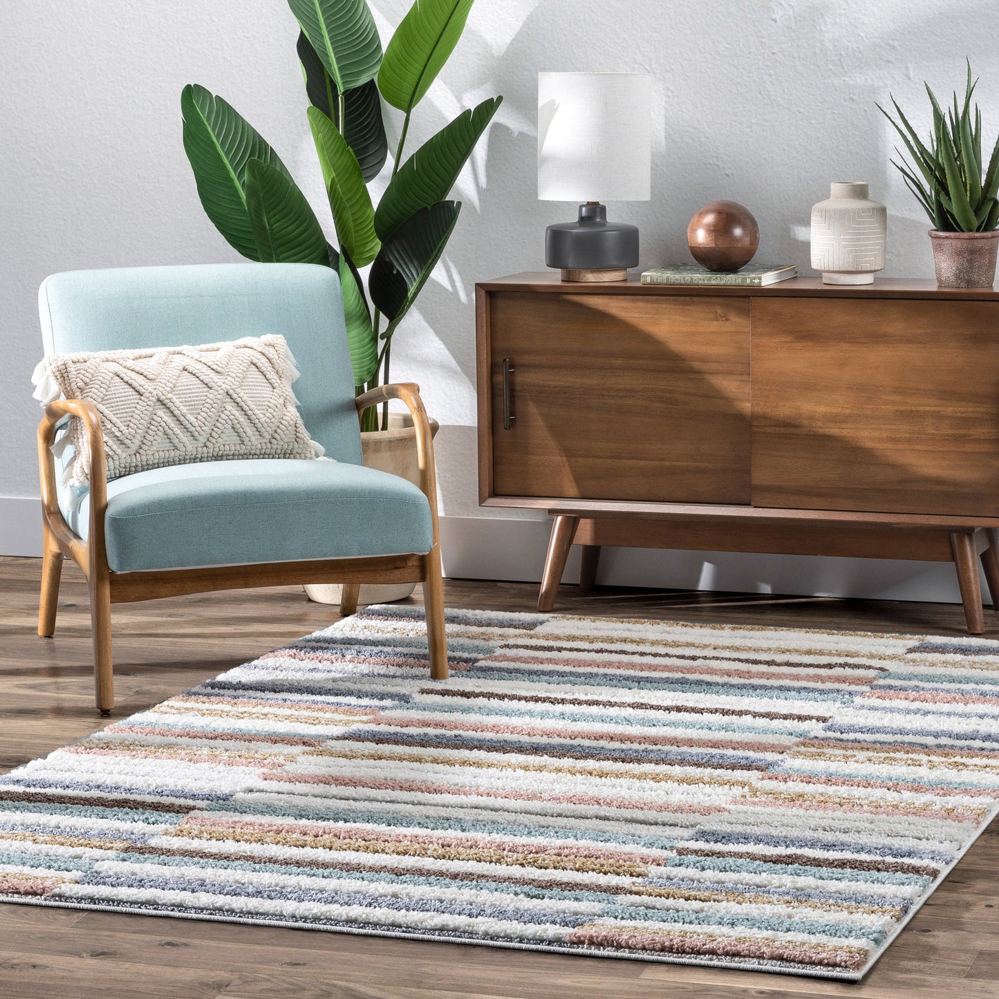 Proteus Modern Stripes Light Blue High-Low Shag Rug DEL-46