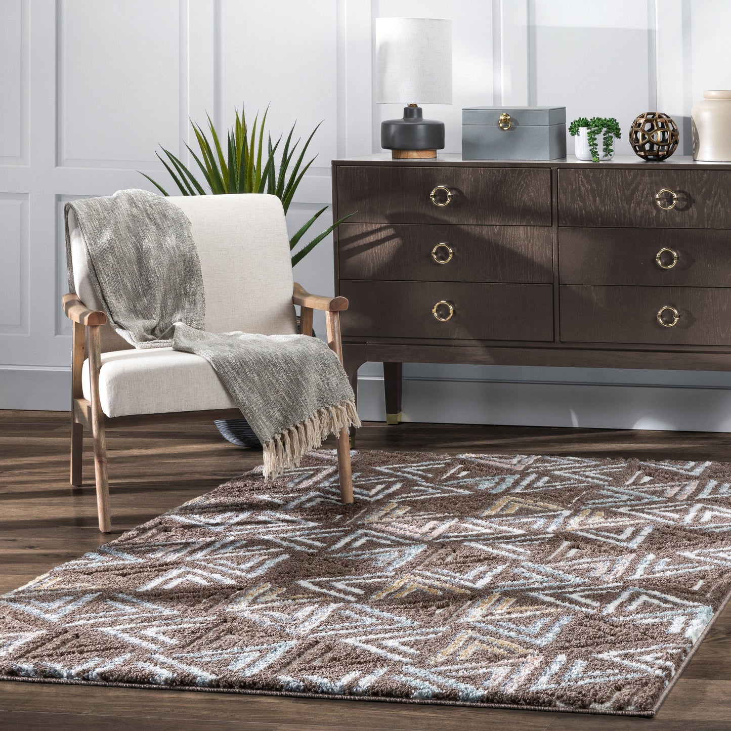 Thanatos Modern Geometric Brown High-Low Shag Rug DEL-58