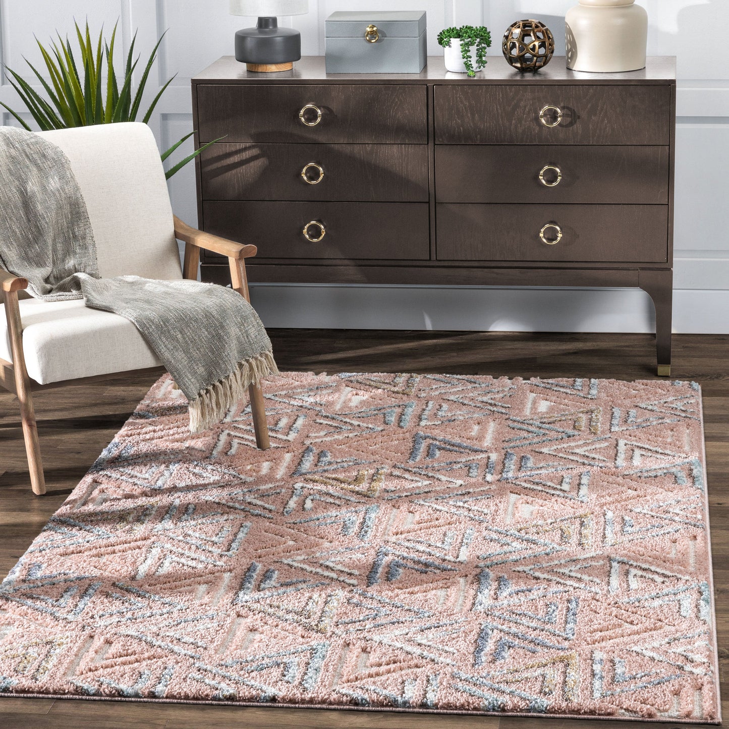 Thanatos Modern Geometric Blush High-Low Shag Rug DEL-59