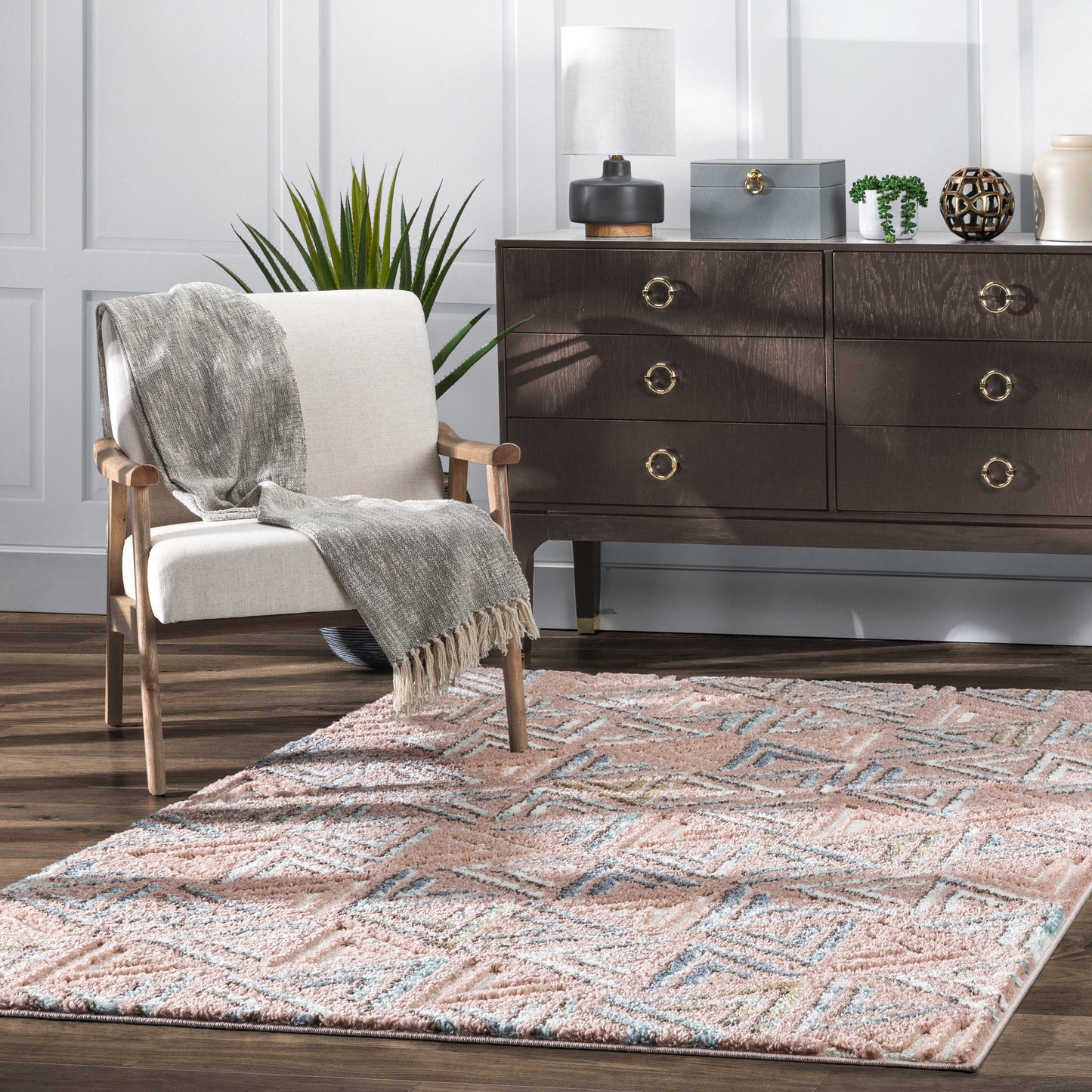 Thanatos Modern Geometric Blush High-Low Shag Rug DEL-59