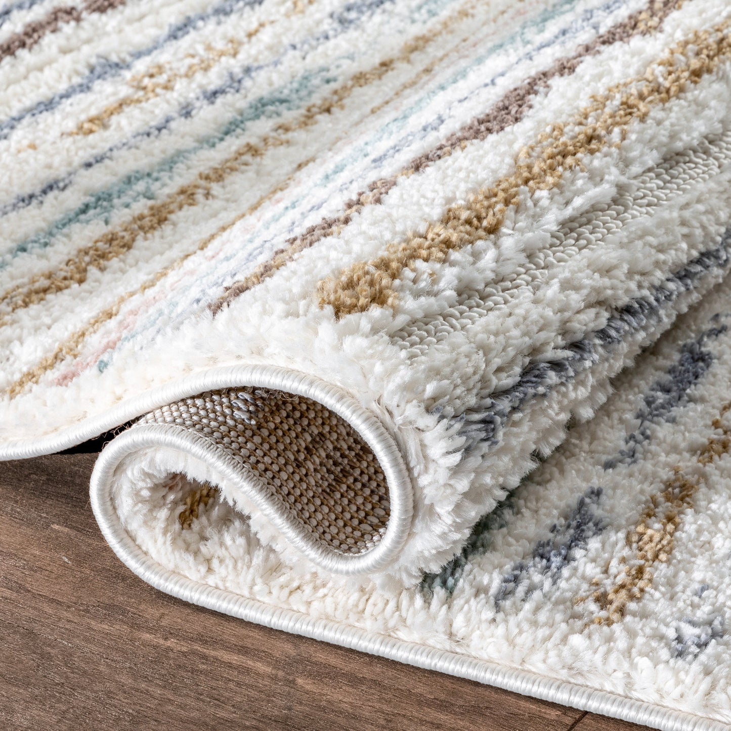 Evander Modern Stripes Ivory High-Low Shag Rug DEL-62