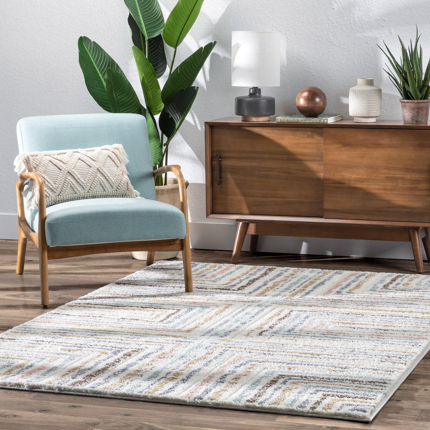 Evander Modern Stripes Ivory High-Low Shag Rug DEL-62