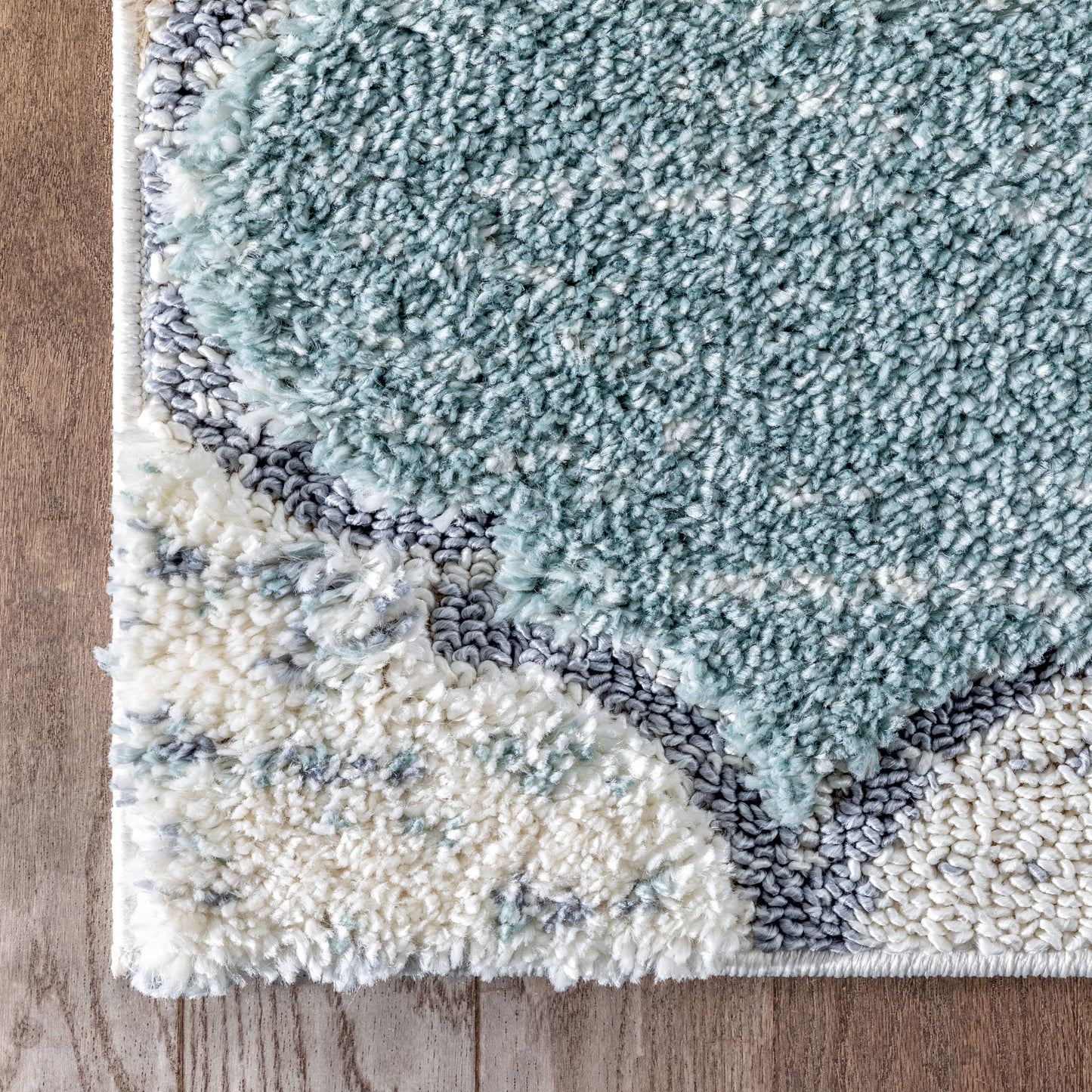 Calliope Moroccan Trellis Ivory Blue High-Low Shag Rug DEL-82