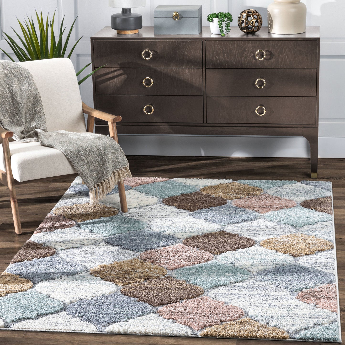 Calliope Moroccan Trellis Ivory Blue High-Low Shag Rug DEL-82