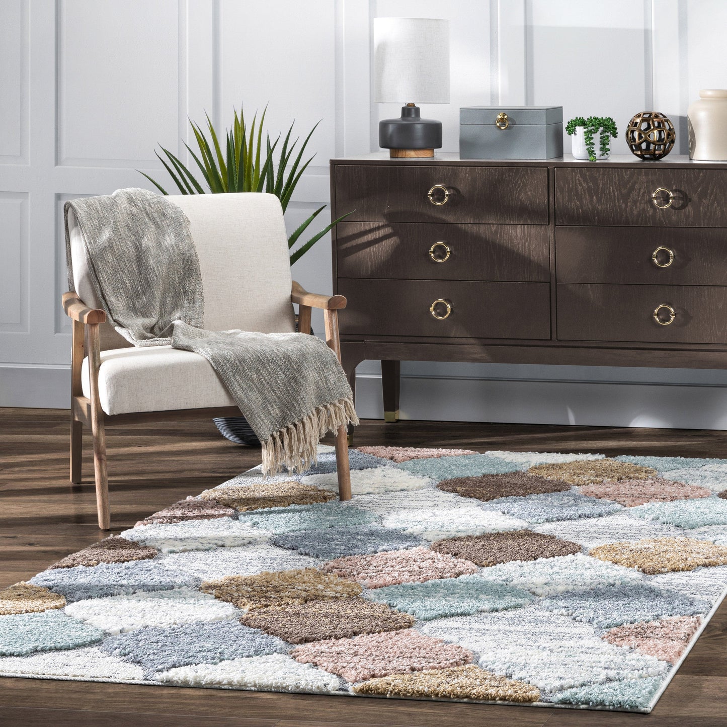 Calliope Moroccan Trellis Ivory Blue High-Low Shag Rug DEL-82