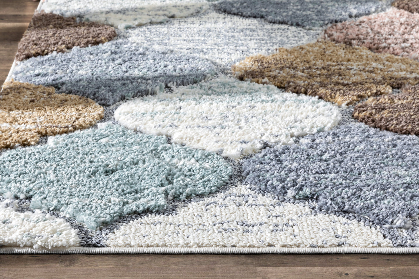 Calliope Moroccan Trellis Ivory Blue High-Low Shag Rug DEL-82