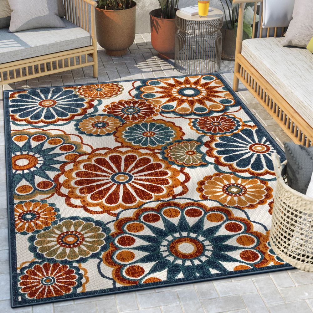 Seri Modern Geometric Indoor/Outdoor Blue High-Low Rug DO-414