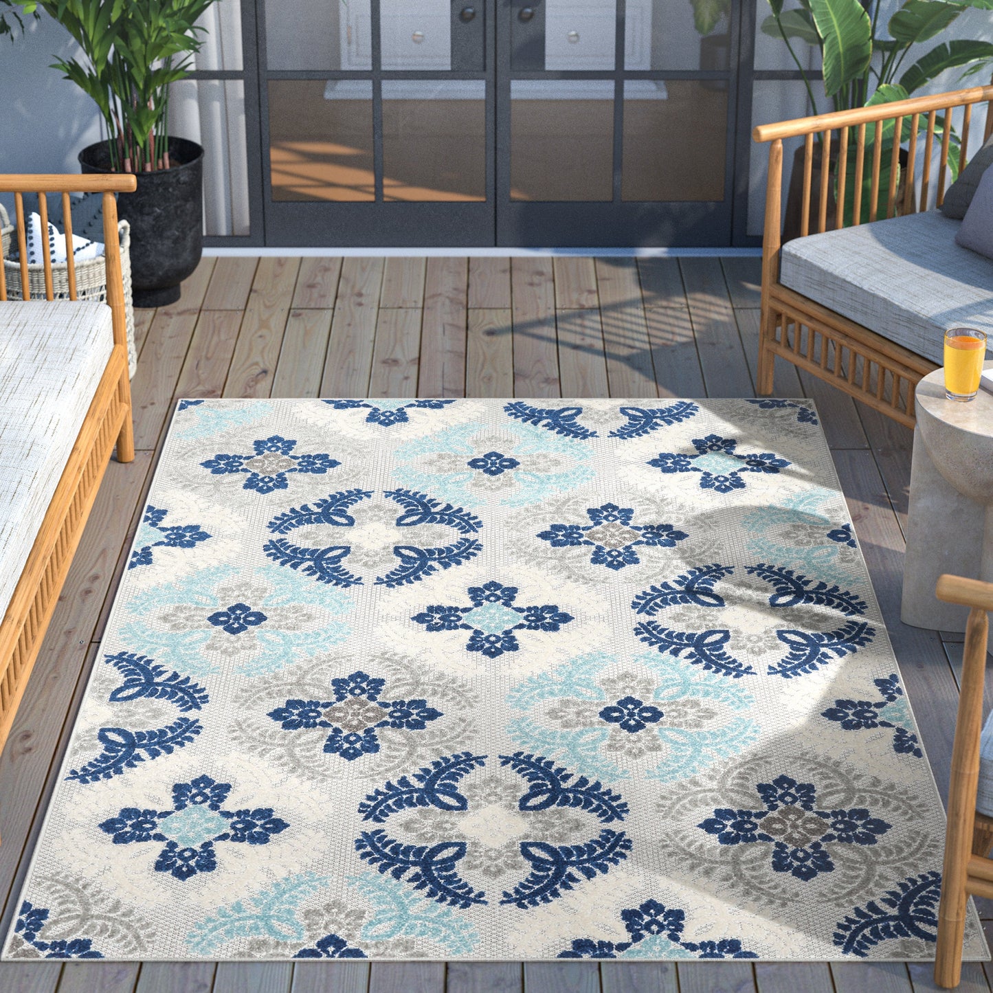 Loewy Modern Geometric Indoor/Outdoor Blue High-Low Rug DO-424