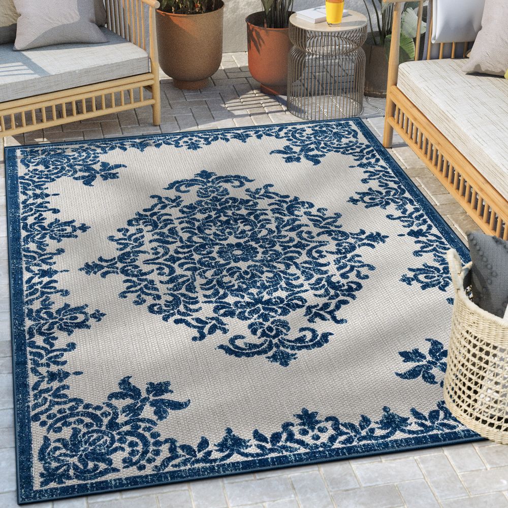 Arid Modern Medallion Persian Indoor/Outdoor Blue High-Low Rug DO-504