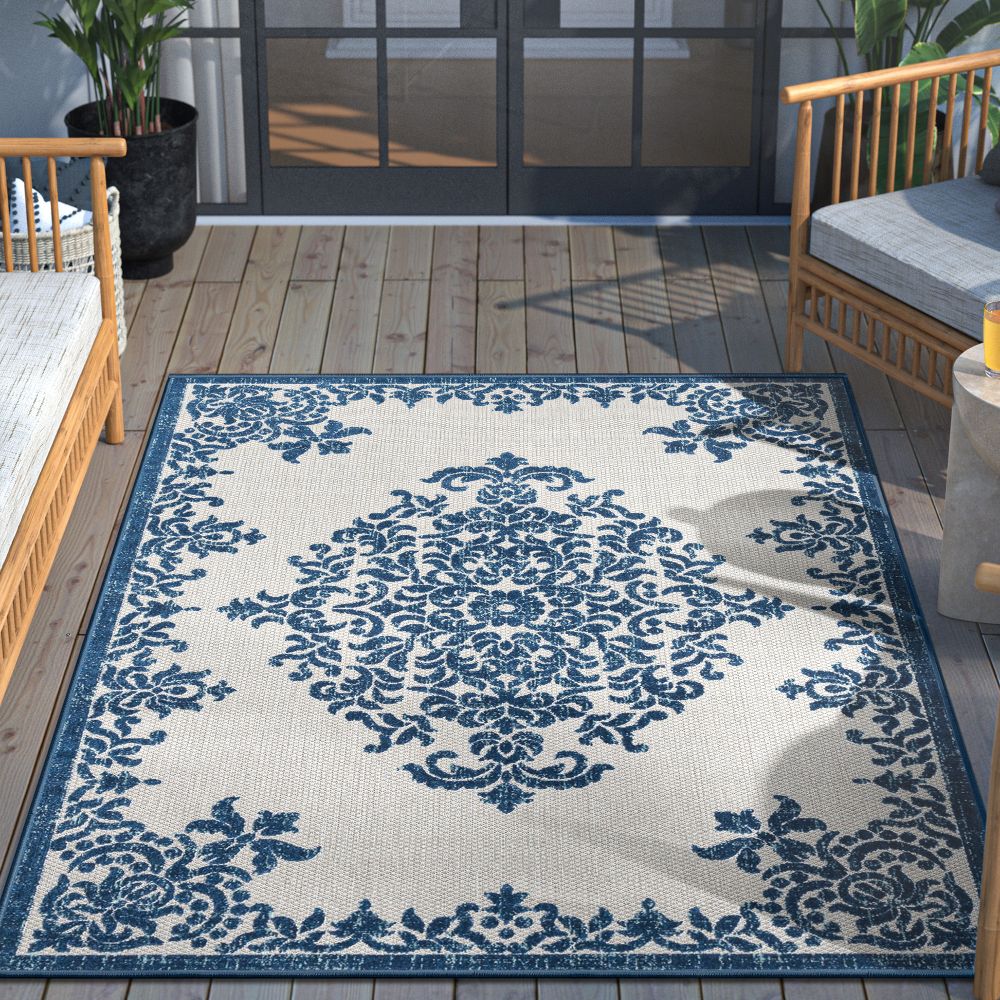 Arid Modern Medallion Persian Indoor/Outdoor Blue High-Low Rug DO-504