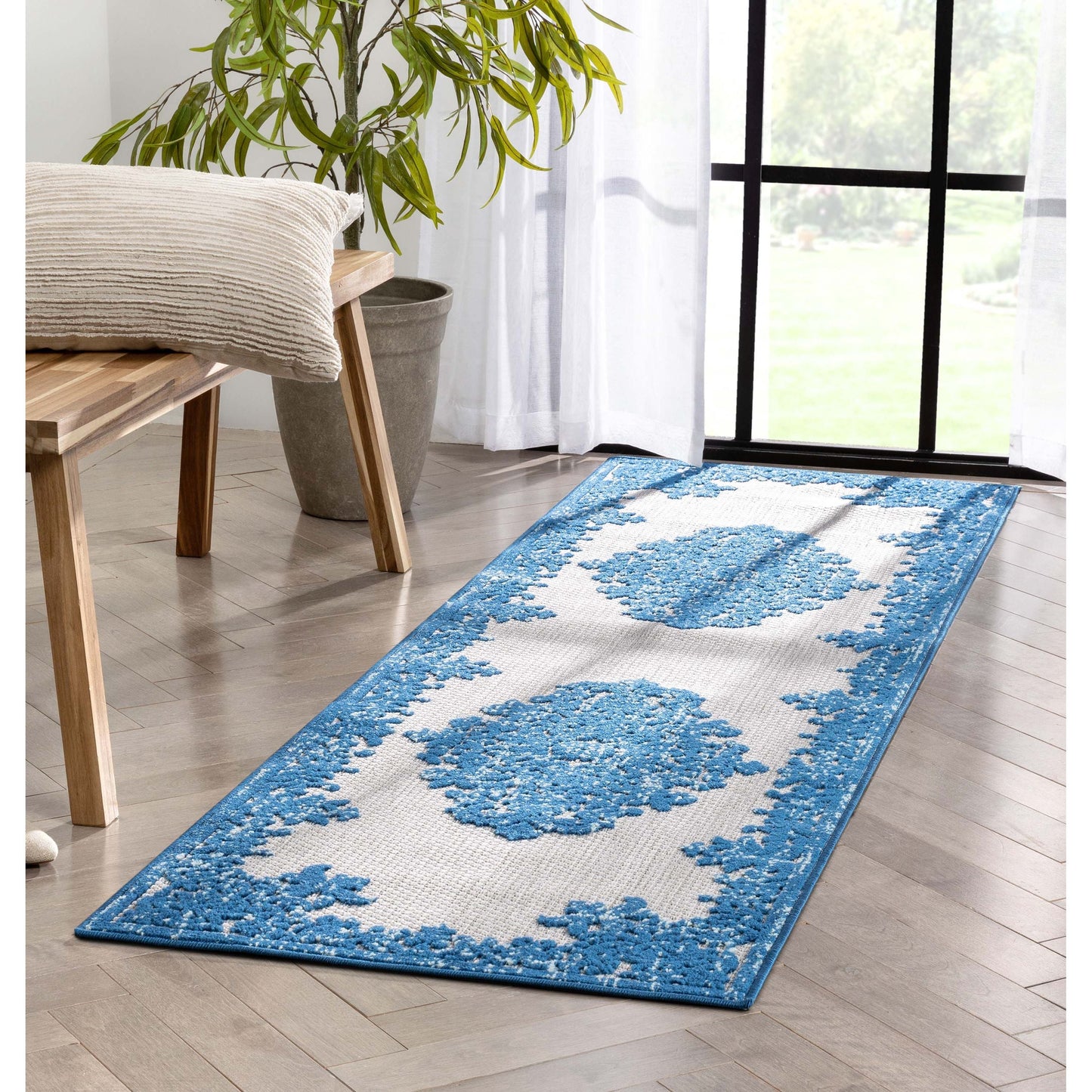 Arid Modern Medallion Persian Indoor/Outdoor Blue High-Low Rug DO-504