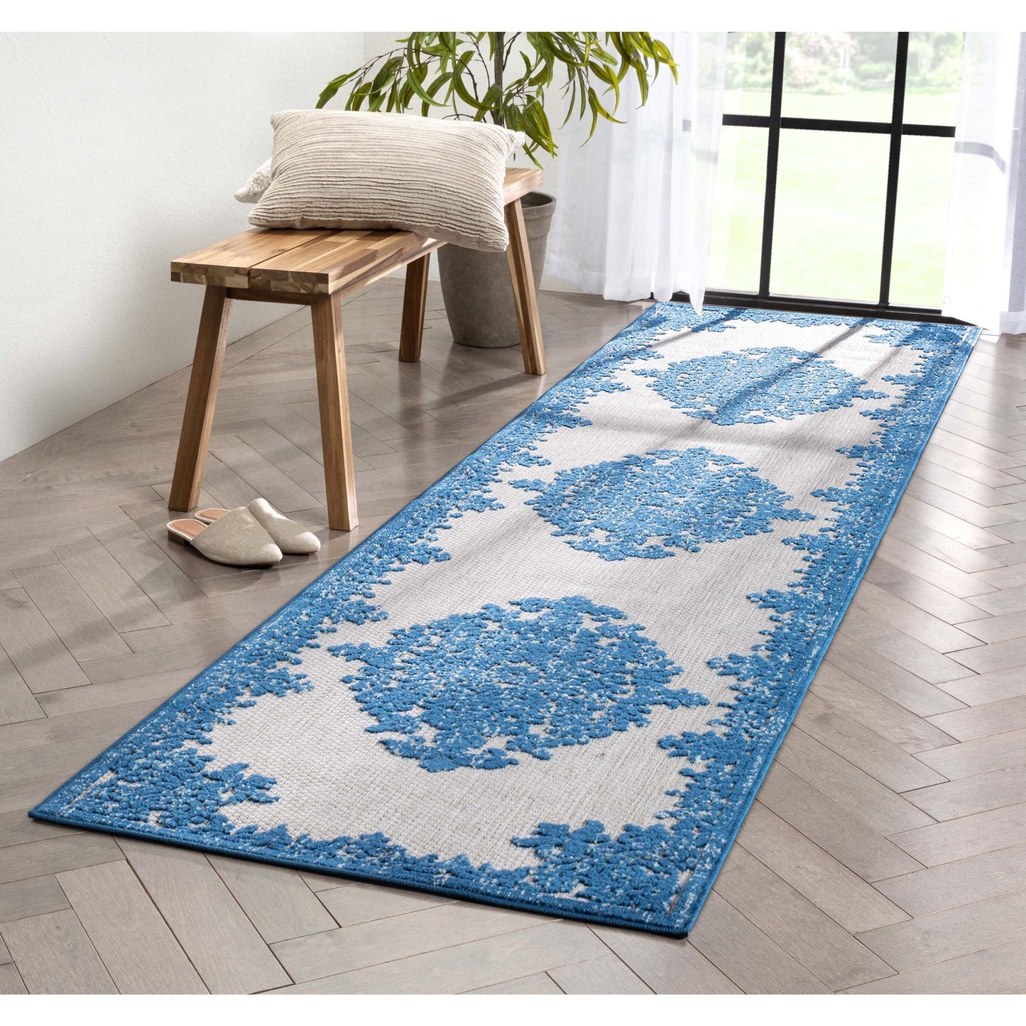 Arid Modern Medallion Persian Indoor/Outdoor Blue High-Low Rug DO-504