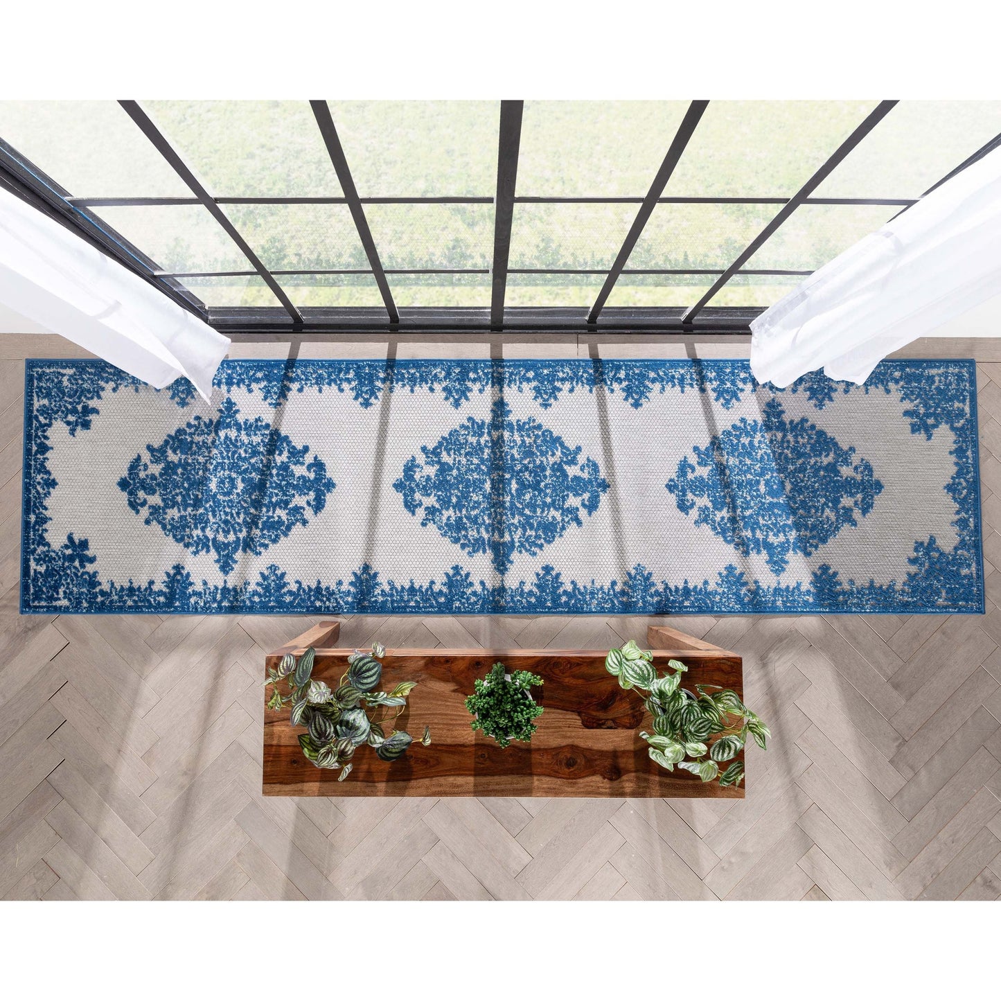 Arid Modern Medallion Persian Indoor/Outdoor Blue High-Low Rug DO-504