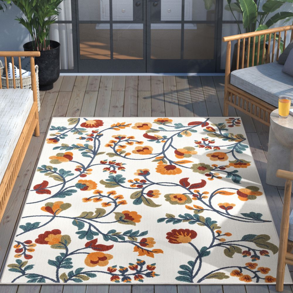 Neveh Beige Modern Floral Indoor Outdoor Rug DO-102