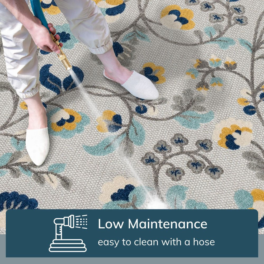Neveh Grey Modern Floral Indoor Outdoor Rug DO-104