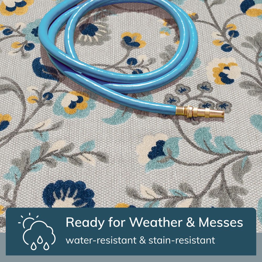 Neveh Grey Modern Floral Indoor Outdoor Rug DO-104