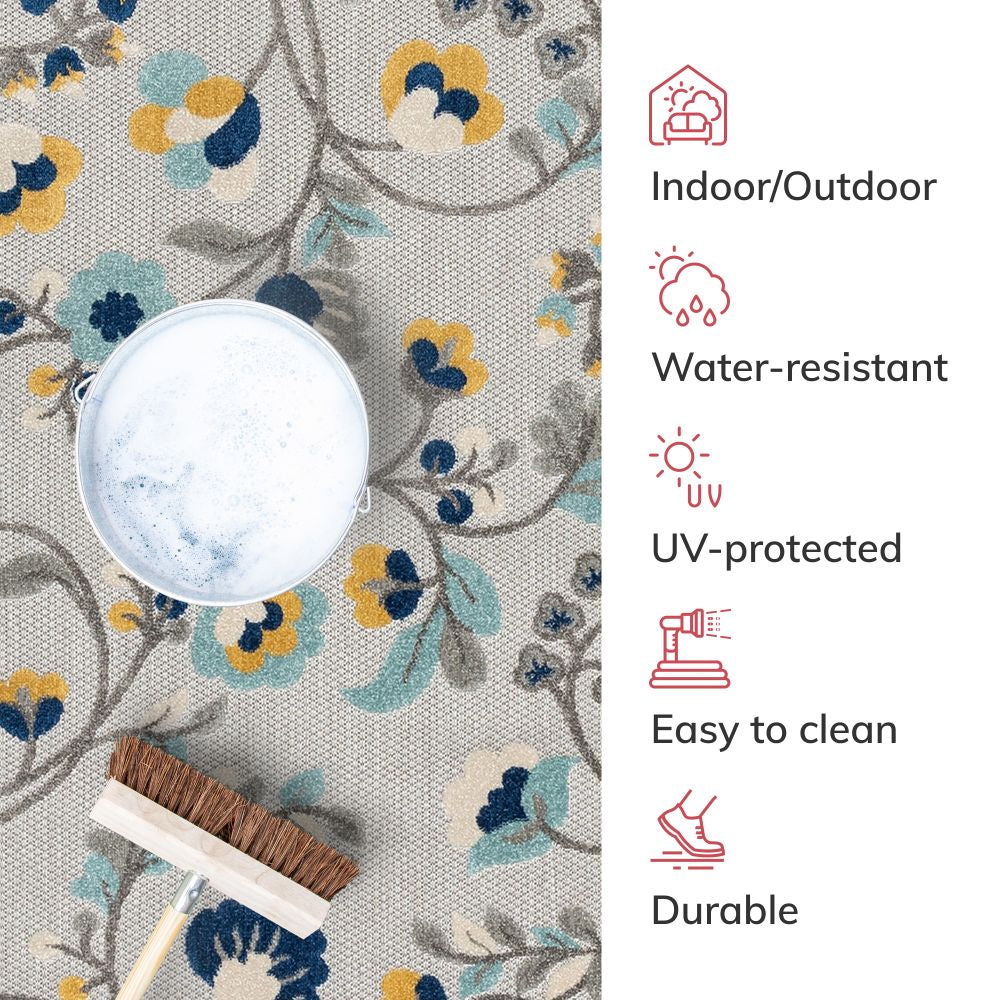 Neveh Grey Modern Floral Indoor Outdoor Rug DO-104