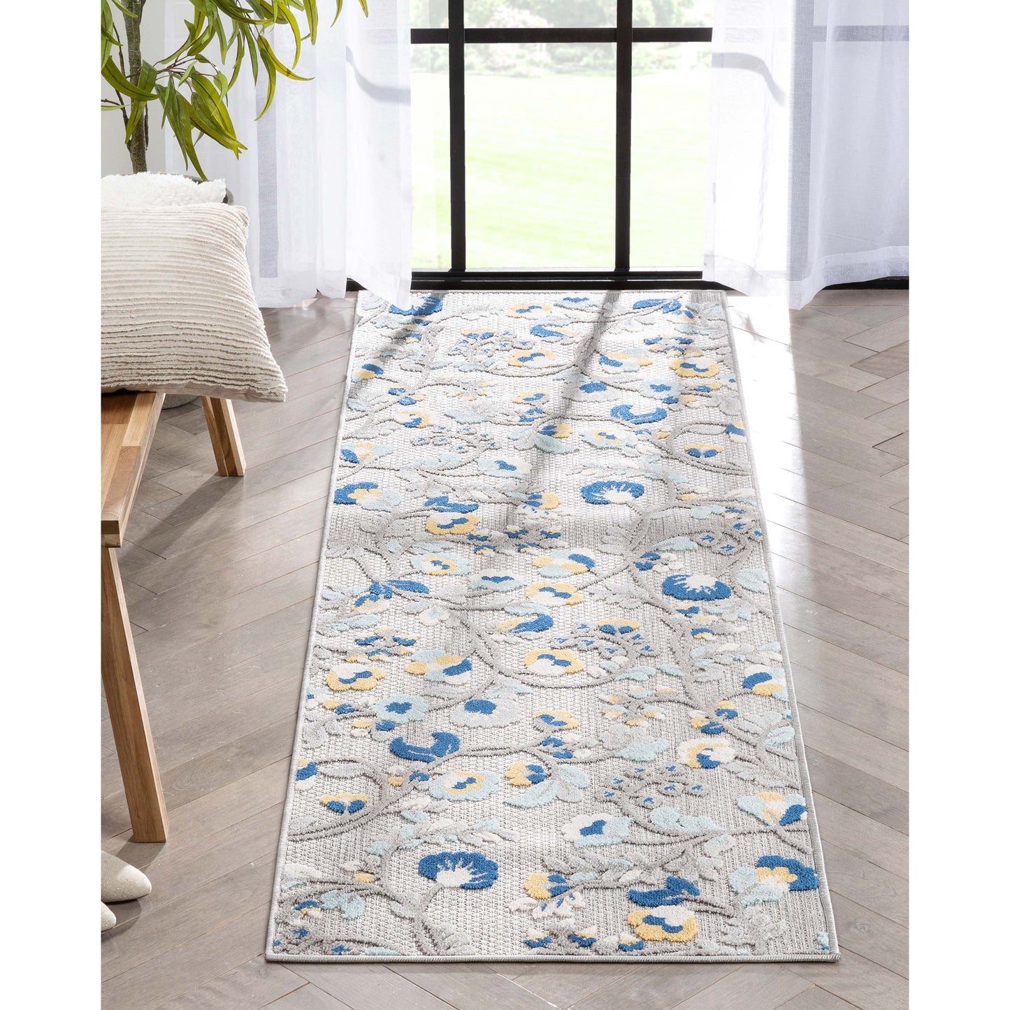 Neveh Grey Modern Floral Indoor Outdoor Rug DO-104