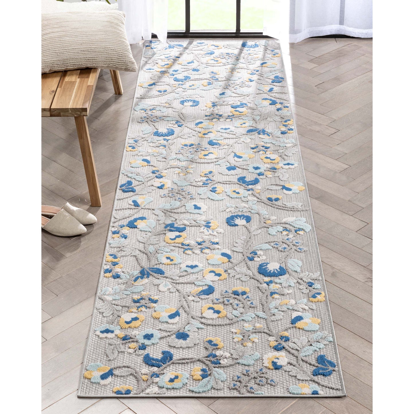 Neveh Grey Modern Floral Indoor Outdoor Rug DO-104
