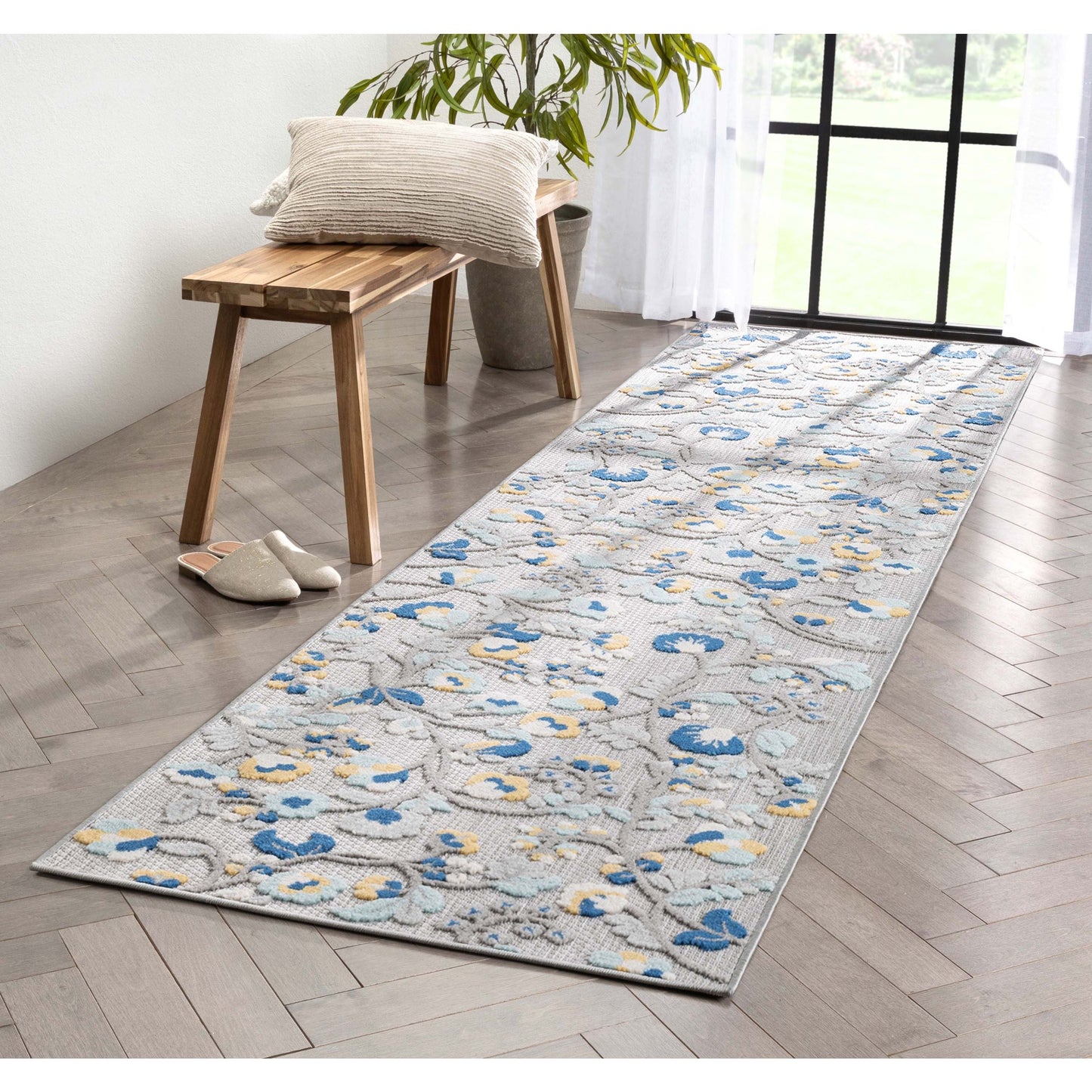 Neveh Grey Modern Floral Indoor Outdoor Rug DO-104