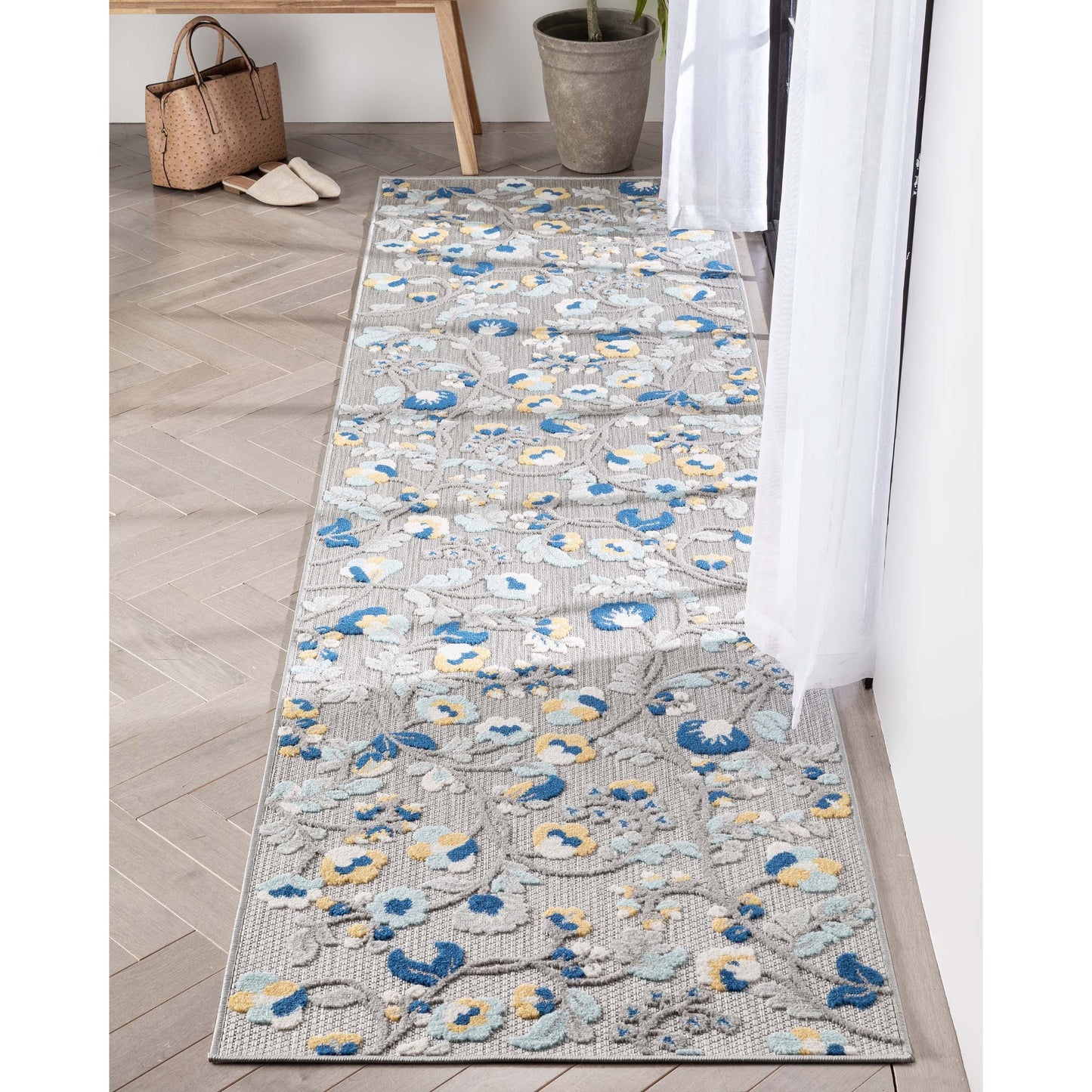 Neveh Grey Modern Floral Indoor Outdoor Rug DO-104