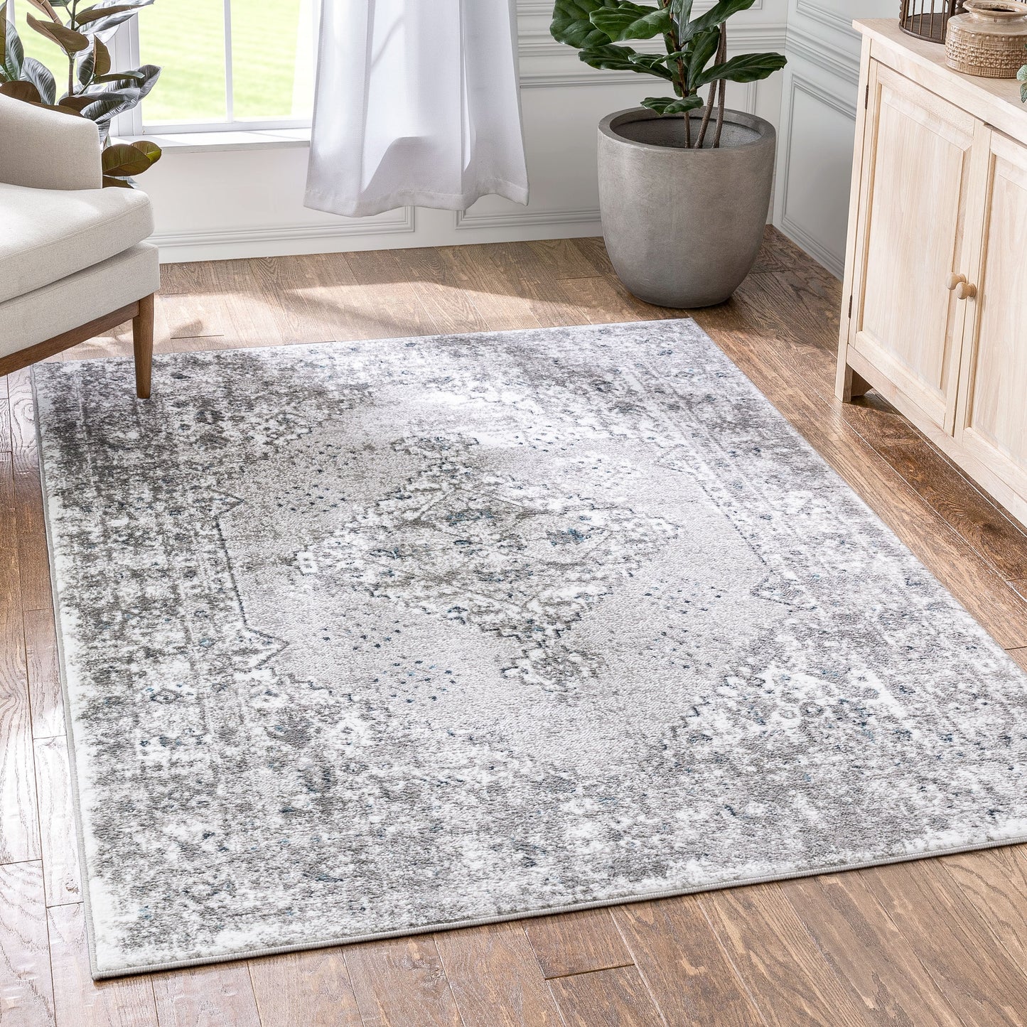 Trieste Vintage Floral Medallion Pattern Ivory Grey Rug DU-92