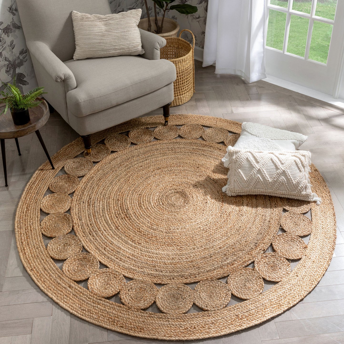 Oleana Farmhouse Jute Rug Hand-Woven Basket Weave Jute Rug Geometric Pattern Natural Color EVA-52