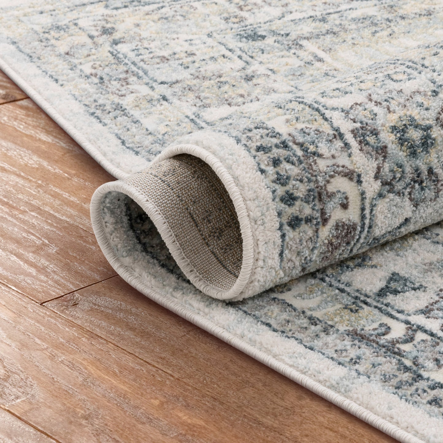 Novalie Vintage Patchwork Botanical Border Blue Rug FA-54