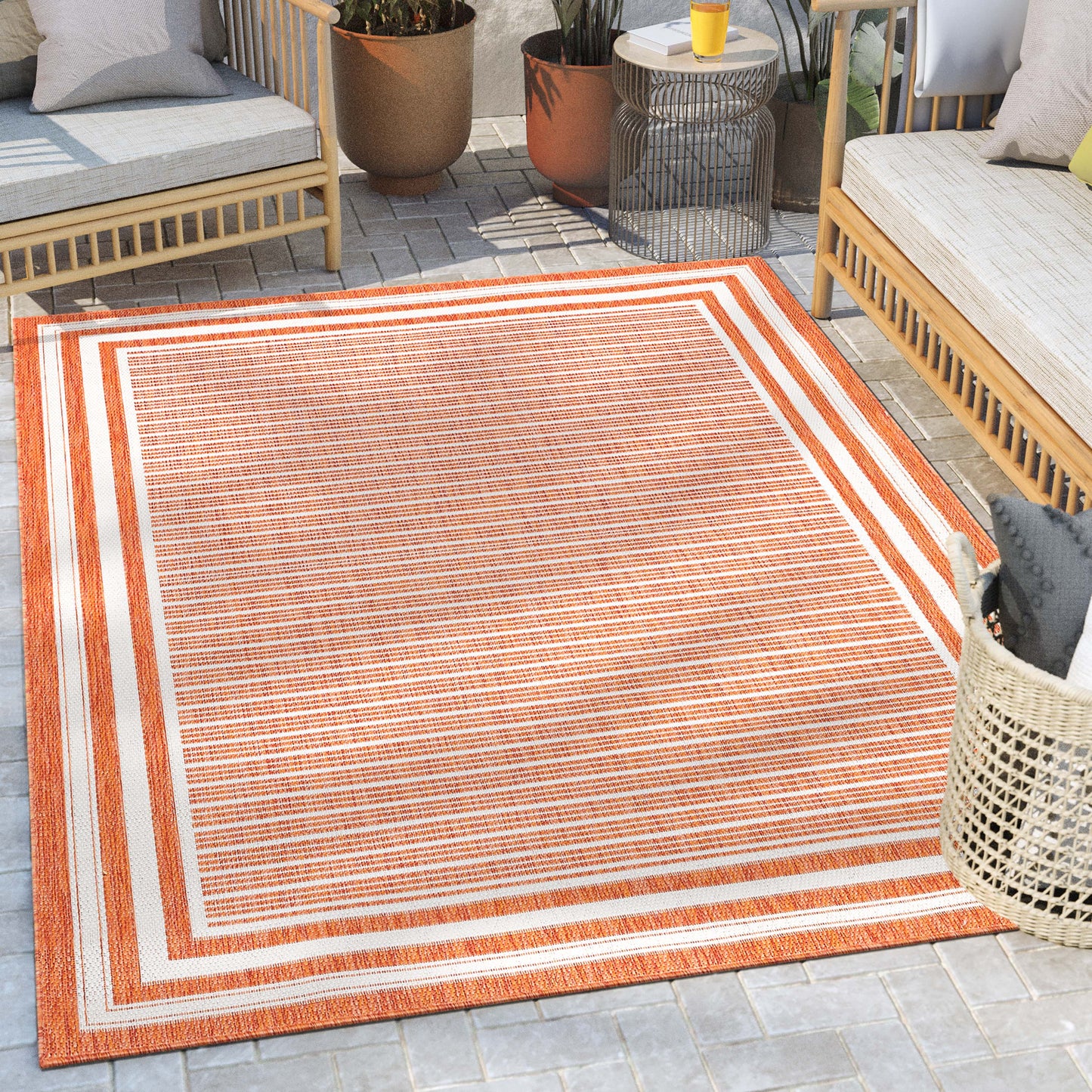 Frankie Modern Stripes Indoor/Outdoor Orange Textured Rug FAL-29