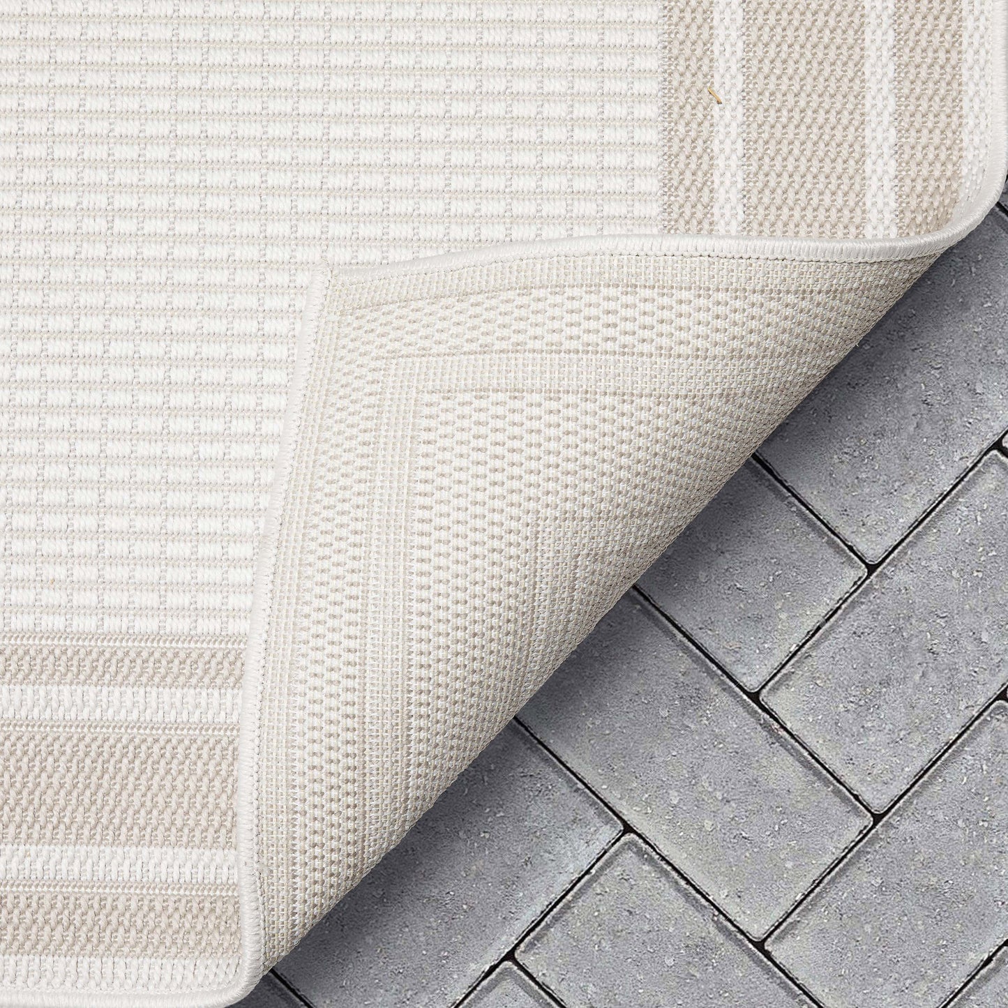 Perry Solid Border Pattern Indoor/Outdoor Ivory Textured Rug FAL-32