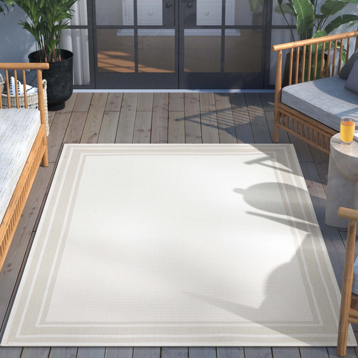 Perry Solid Border Pattern Indoor/Outdoor Ivory Textured Rug FAL-32