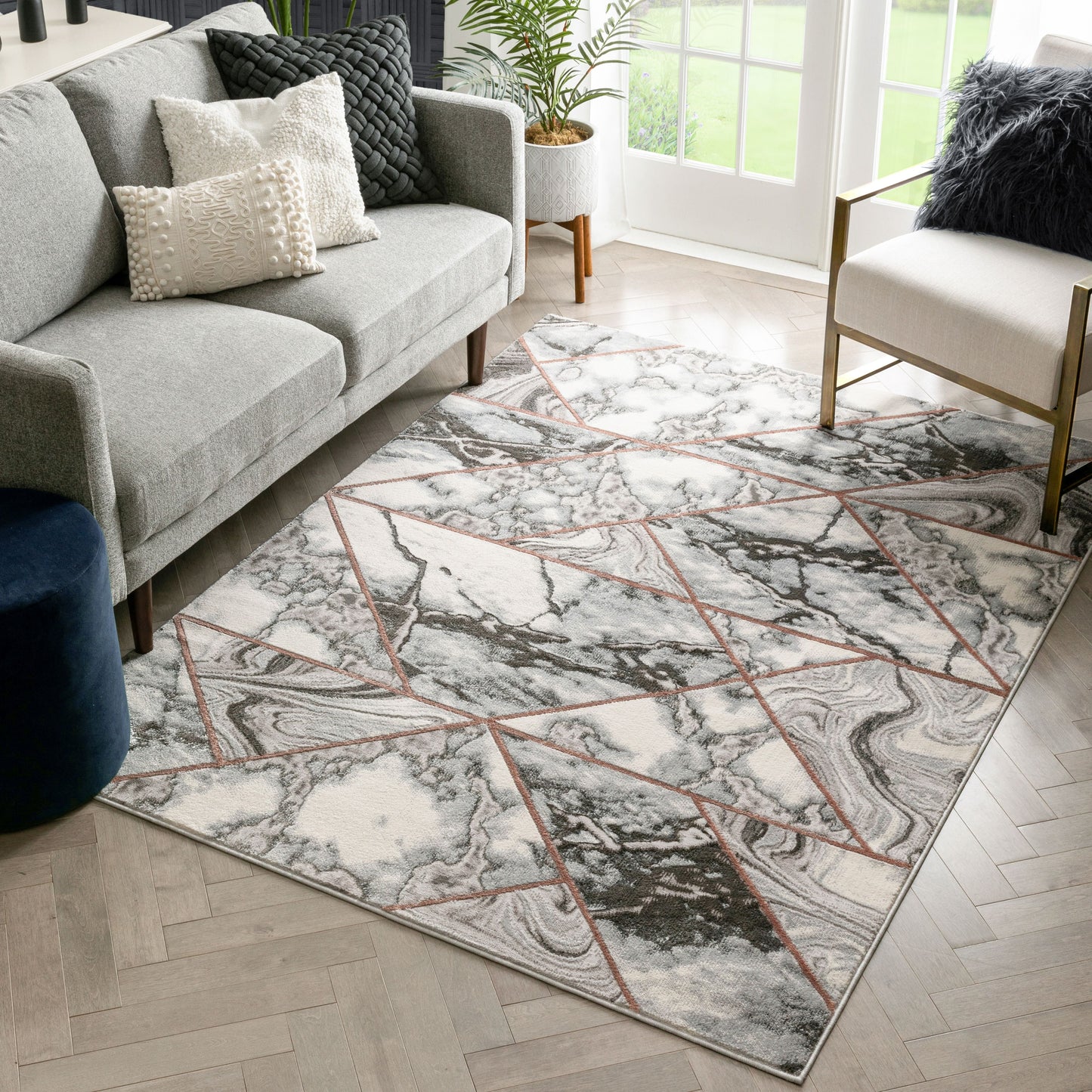 Arlo Retro Marble Pattern Grey Blush Glam Rug FRM-49