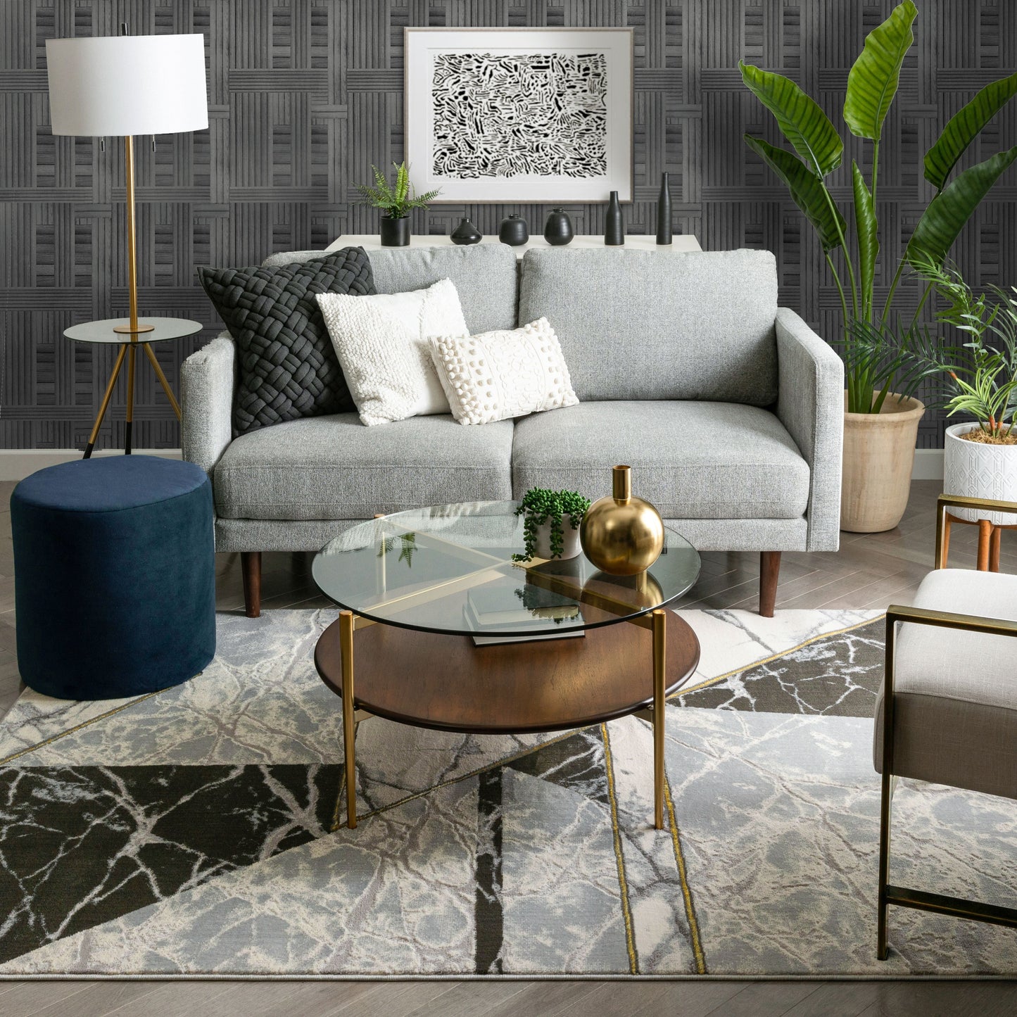 Weston Retro Geometric Marble Pattern Grey Glam Rug FRM-67