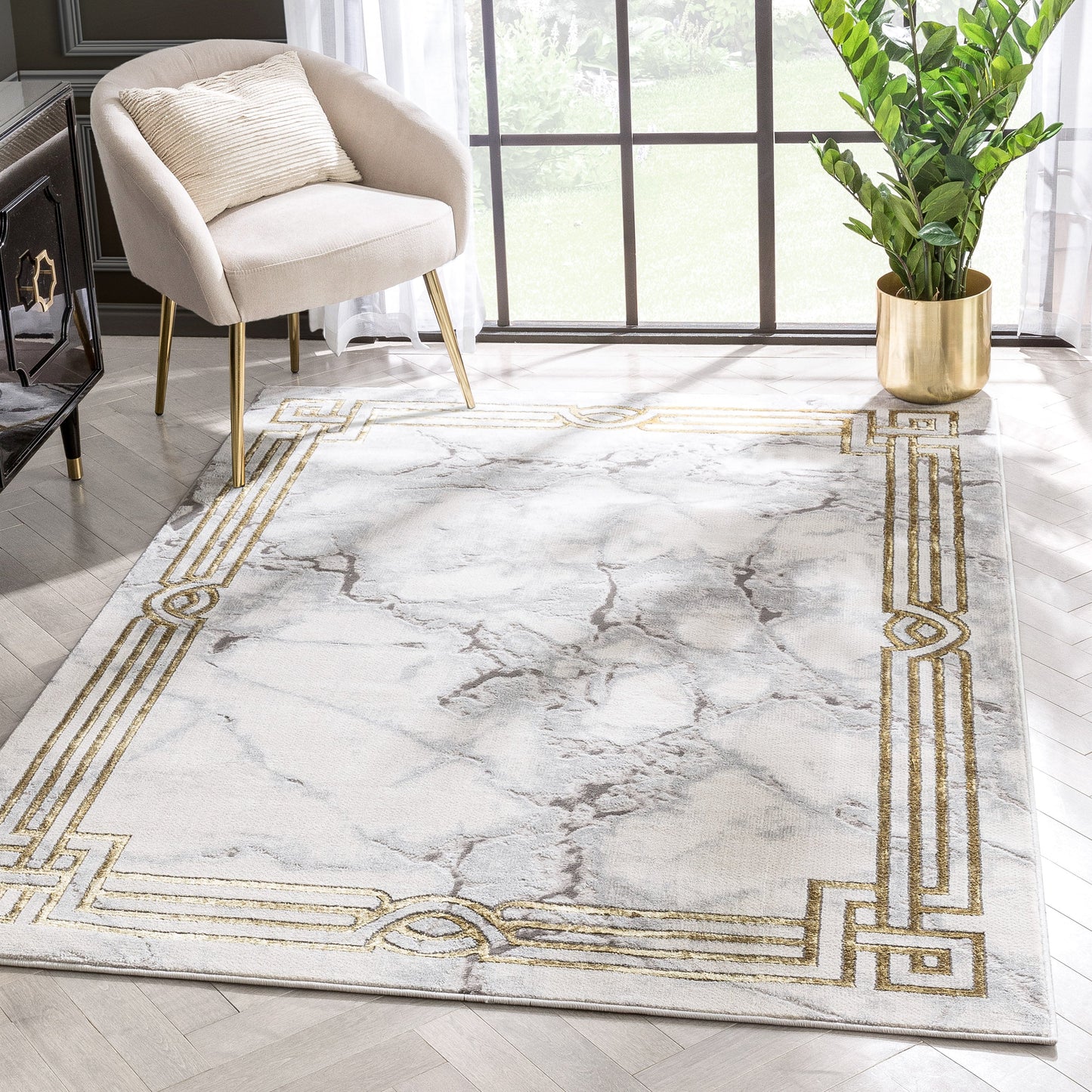 Huntington Retro Marble Border Ivory Glam Rug FRM-72